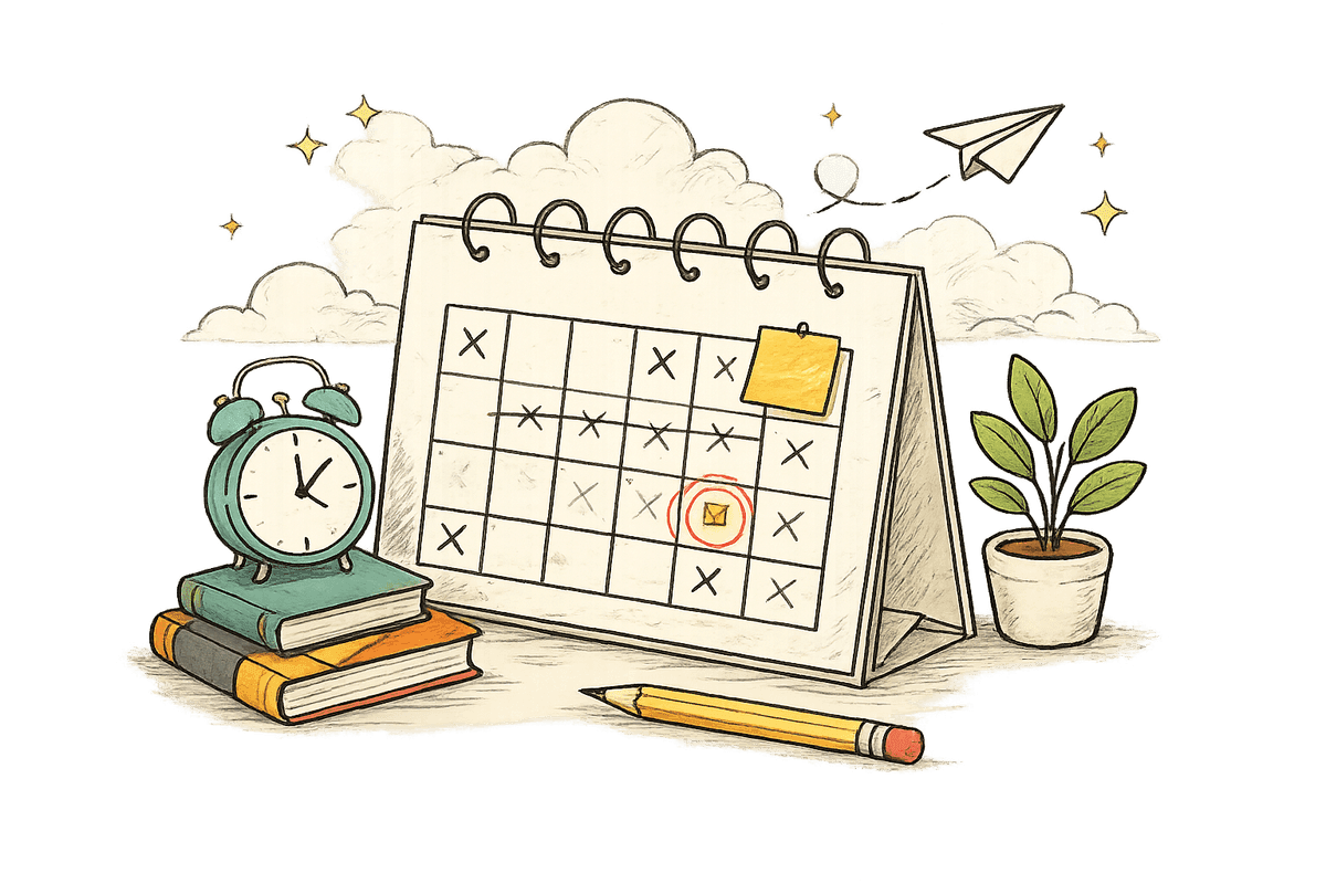 Ilustrasi kalender meja dengan satu tanggal dilingkari merah, jam weker di atas tumpukan buku, pensil, dan tanaman